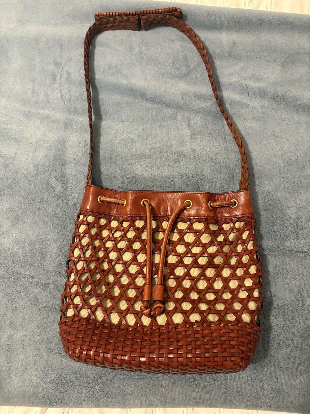 Talbots Brown Woven Leather-Trim Drawstring Crossbody